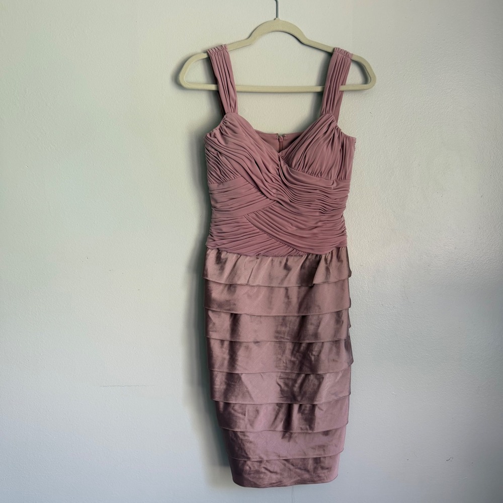 Y2K Adrianna Papell Occasions‎ Mauve Ruched Tiered Ruffle Cocktail Dress Size 8